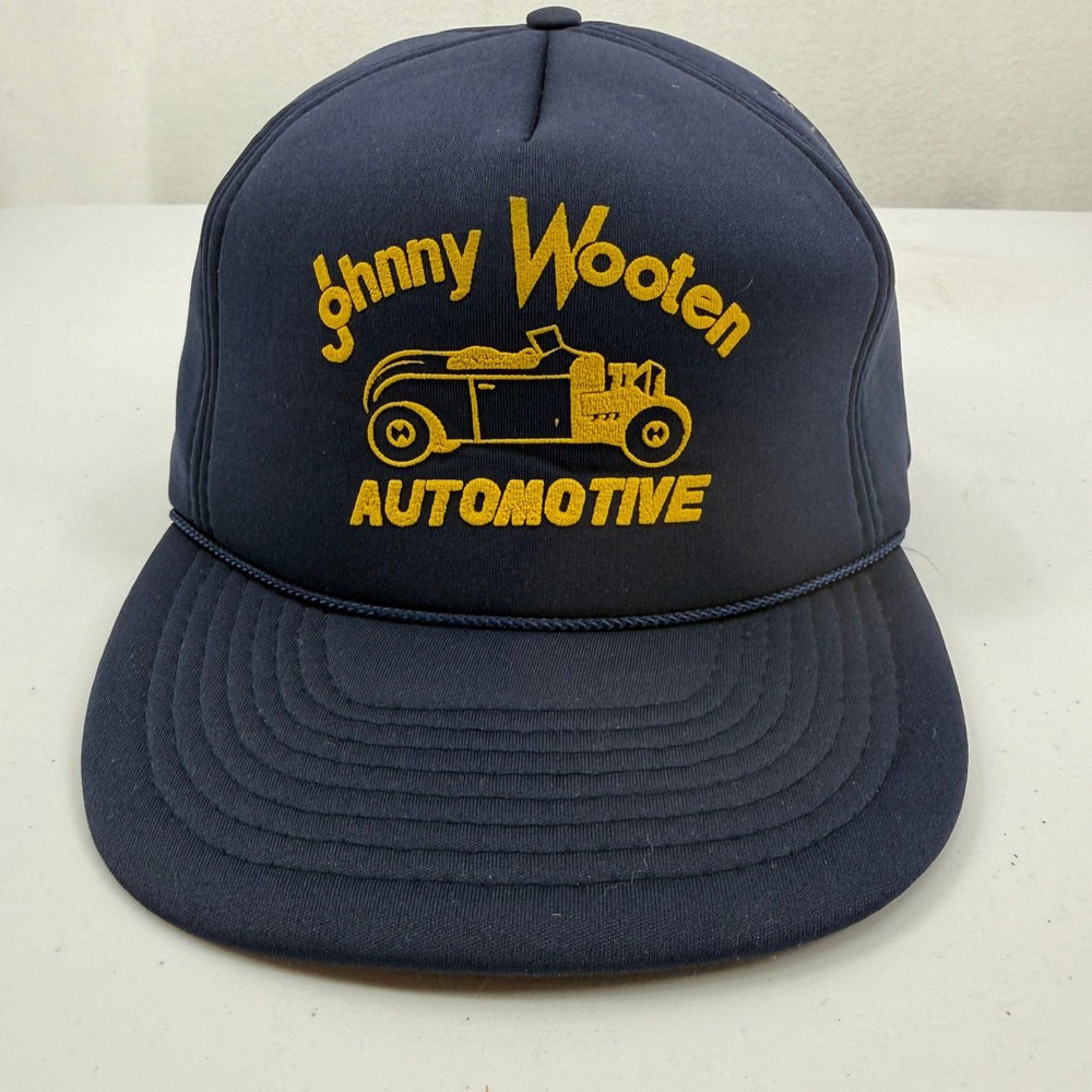 Johnny Wooten Automotive Trucker Hat Mens OSFA Navy Blue Vintage Car Snapback
